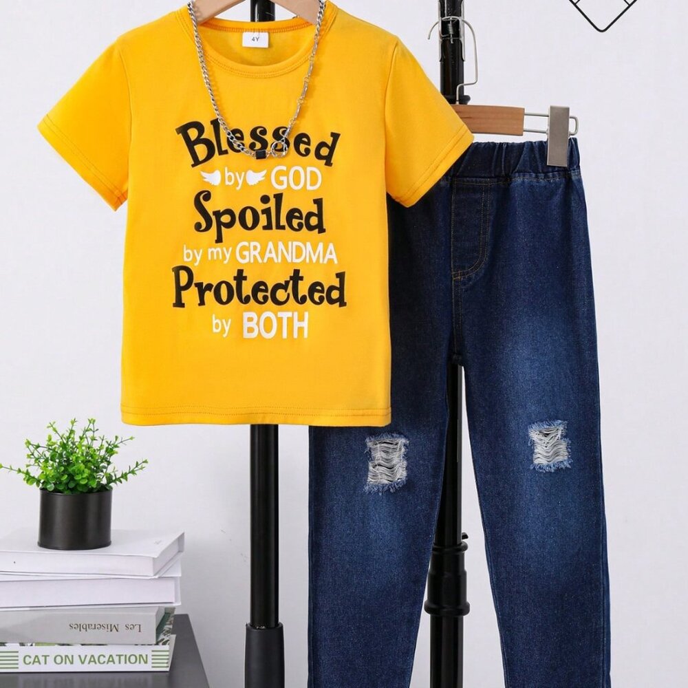Blessed & Spoiled Kids Outfit – Graphic Tee + Distressed Jeans Set